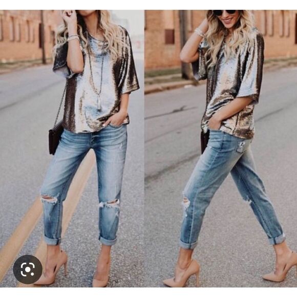 Skies Are Blue Tops - Skies Are Blue Gold Paillette Sequin Half Sleeve Top sz M